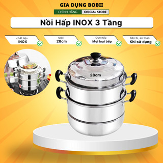 Nồi Hấp Inox 3 Tầng Siêu To Nồi Hấp Bánh Bao Bánh Flan Hấp Thức Ăn 28CM Dùng Cho Cả Bếp Từ Và Bếp Ga Tặng Kèm Xửng Hấp