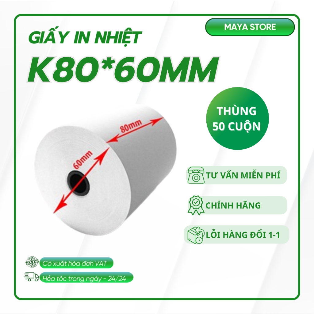 [Thùng 50 cuộn] Giấy in nhiệt in bill k80x60, 80x60 giấy in nhiệt cho nhiều dòng máy in hóa đơn in b