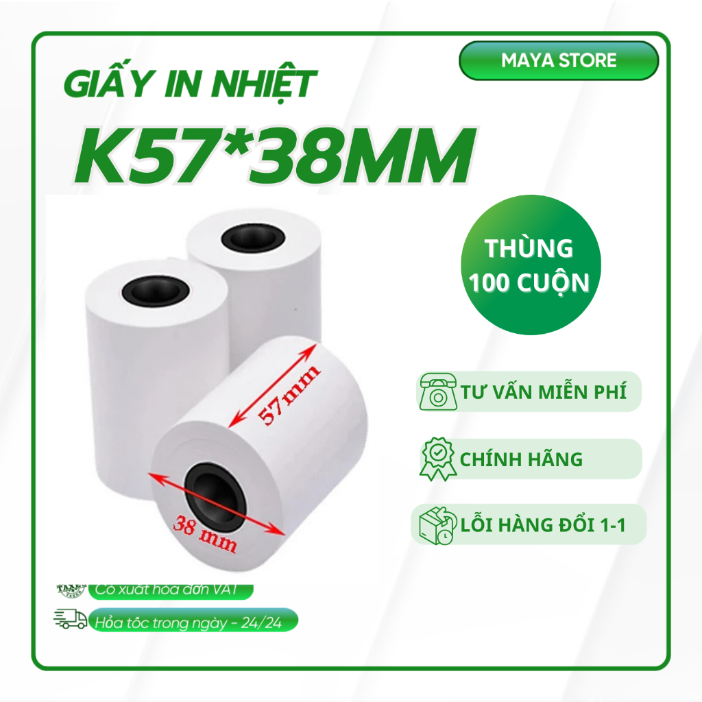 [ Thùng 100 cuộn ] Giấy in bill K57x38, 57x38, giấy in dùng cho máy pos cầm tay
