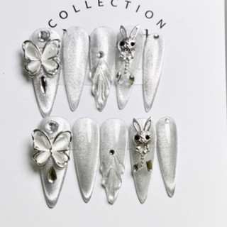  Nailbox thiết kế  móng up giả hút mắt mèo bạc kim cương from nhọn đính charm đá phù hợp chụp kie yếu by bao an nail 