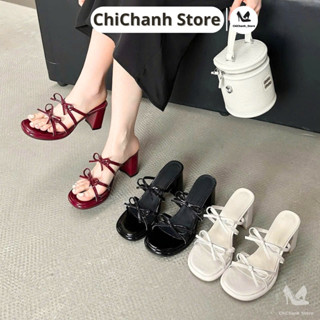  Guốc gót vuông 9p phối 2 giày cao gót nơ chất da bóng mềm êm chân màu đen kem đỏ mận thời trang MS12 