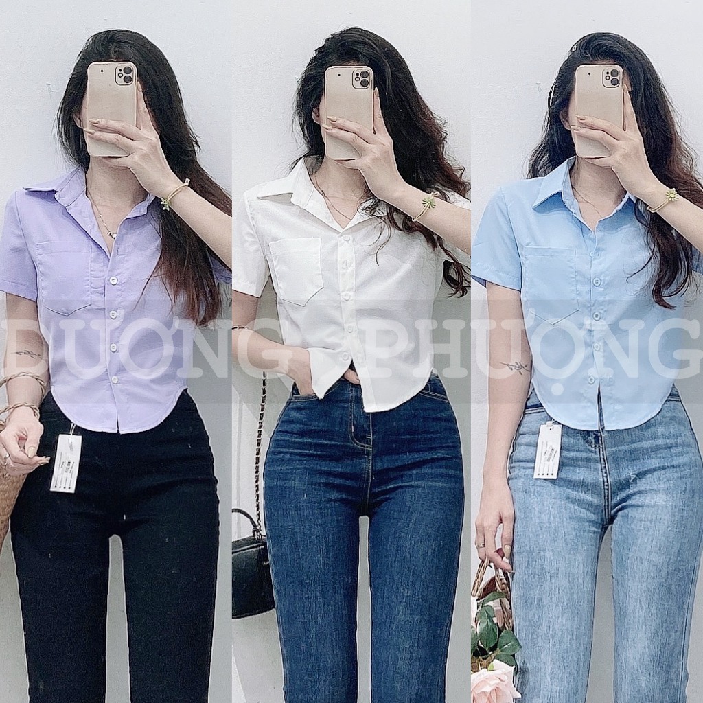 Áo sơ mi nữ tay ngắn dáng ôm, áo sơ mi croptop lai bầu thời trang cho nữ - AO017
