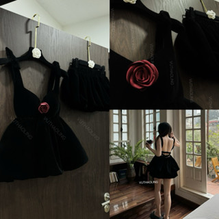 set áo kèm hoa và quần bí bằng nhung VUTHAOLING chính chủ dáng ngắn nữ váy babydoll nữ kèm hoa đỏ chất nhung