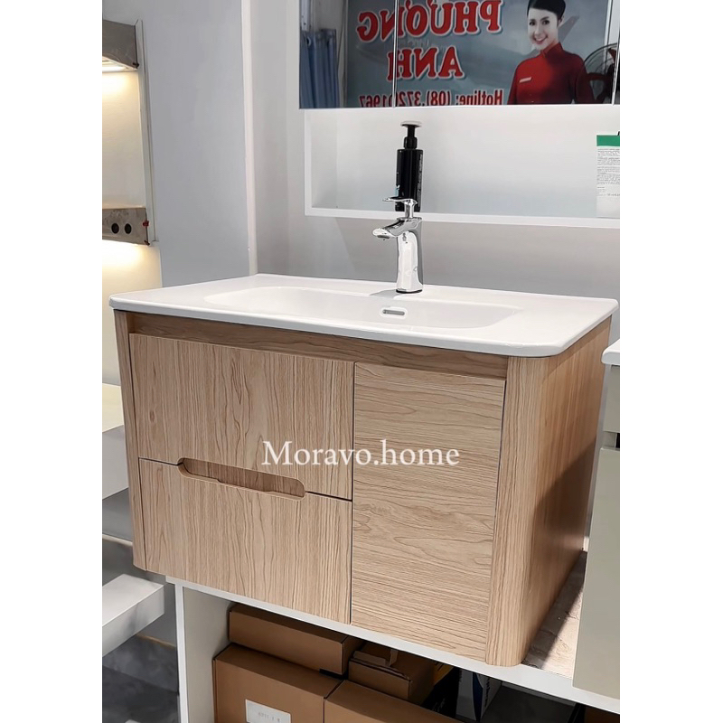 Tủ lavabo PVC đặc bo góc 80cm - Tủ lavabo phòng tắm chống nước hiện đại