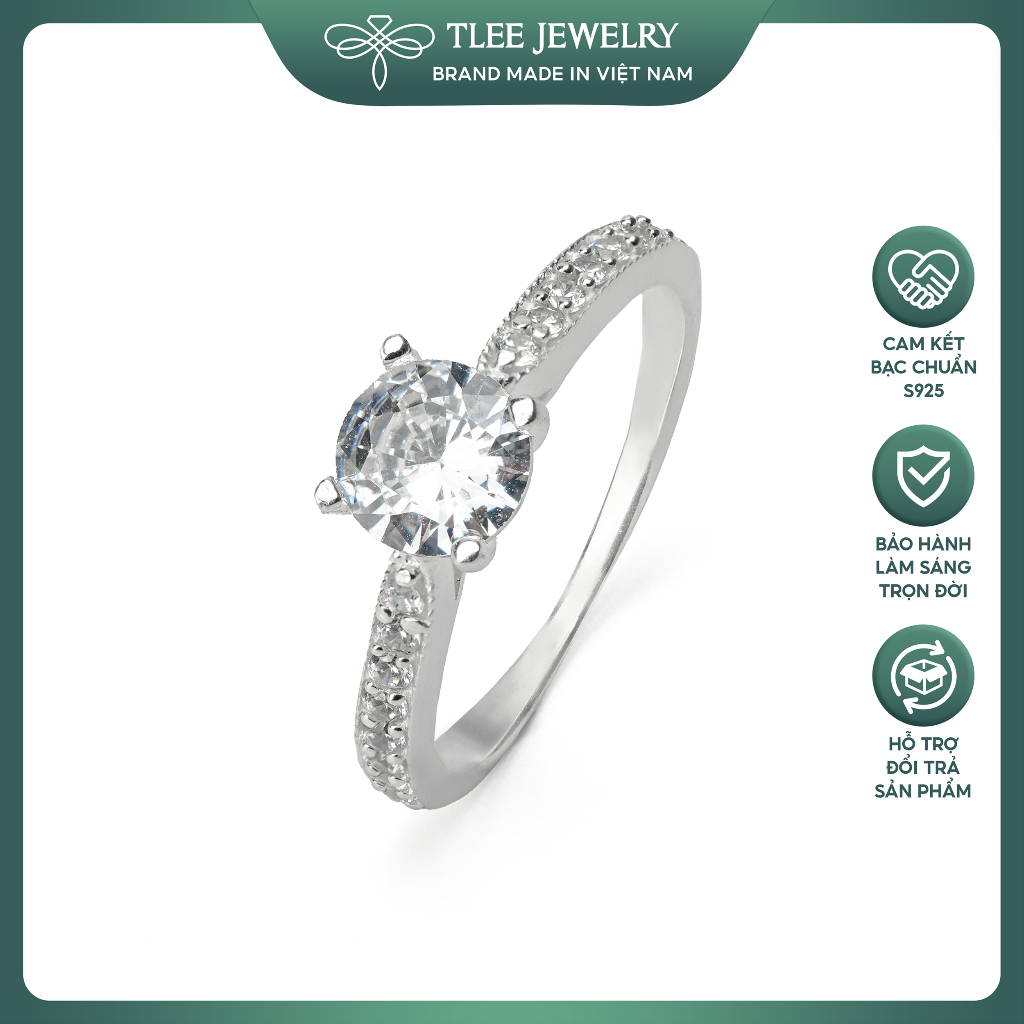 Nhẫn bạc nữ TLEE Meet You trụ đá 4 chấu viền đính đá sang trọng TLEE JEWELRY A0371