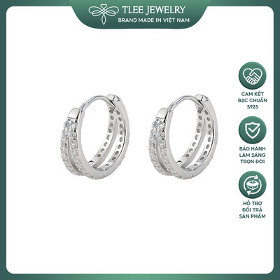 Bông tai bạc nữ TLEE hai tầng chốt bấm viền đính đá cá tính TLEE JEWELRY B0544