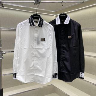 Áo sơ mi nam dài tay DG vải lụa nến In logo da tag sắt ngực phối ống In chữ cao cấp hottren 2025