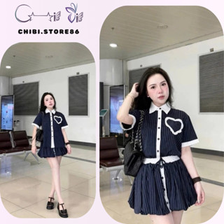 Set đồ nữ, đồ bộ nữ dễ thương áo sơ mi phối nẹp trắng cộc tay phối chân váy bí có quần lót trong họa tiết kẻ sọc xanh H2