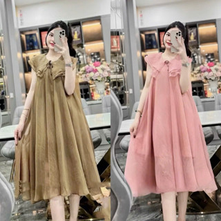 Đầm bầu cộc tay, váy bầu thiết kế - đầm bầu cánh tiên xếp ly cổ bèo 2 lớp chất tơ ánh sang chảnh tiểu thư đi chơi đi tiệ