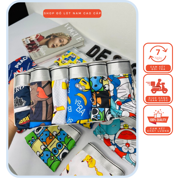 Hộp quần lót đùi nam, sịp đùi boxer nam cao cấp thun lạnh in hình họa tiết hoạt hình pikachu,minioin