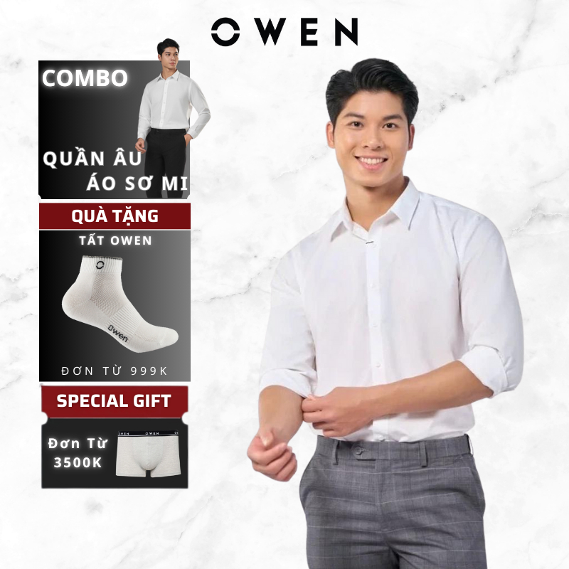 Áo sơ mi nam Owen trắng DÀI TAY Slim Fit hơi ôm tôn dáng người mặc vải sợi sồi thoáng mát AS240103D 