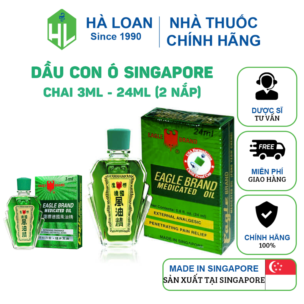 Dầu gió xanh Con Ó Singapore Eagle Brand tiêu chuẩn Mỹ (Chai 3ml - 24ml - 24ml 2 nắp)