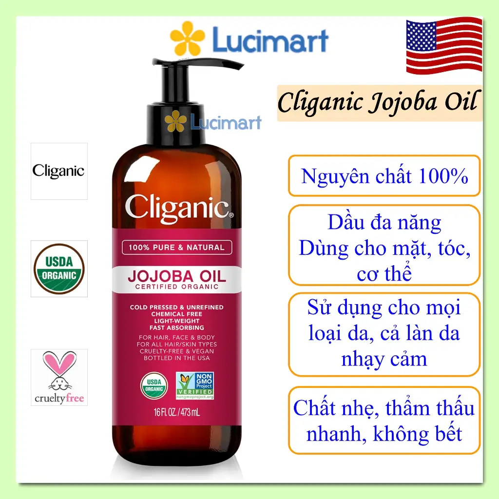 Tinh dầu dưỡng ẩm nguyên chất Cliganic Jojoba Oil, 100% Pure and Natural [Hàng Mỹ]
