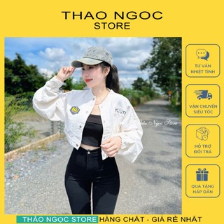 Áo khoác jean nữ croptop tay dài line bo chun lưng thêu chữ MlN!  có sẵn hình thật  THẢO NGỌC STORE 