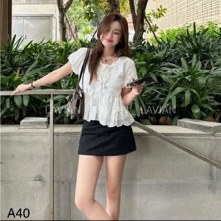 Áo babydoll cổ thắt nơ phối viền bèo tay bồng xinh xắn LAVIAN A40 