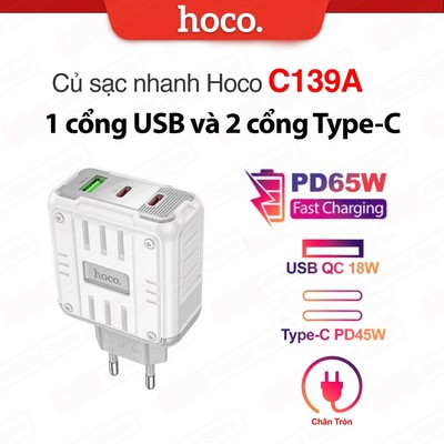 Củ sạc nhanh PD65W Hoco C139A 1 cổng USB và 2 cổng Type-C chất liệu PC+ABS chống cháy, chân tròn