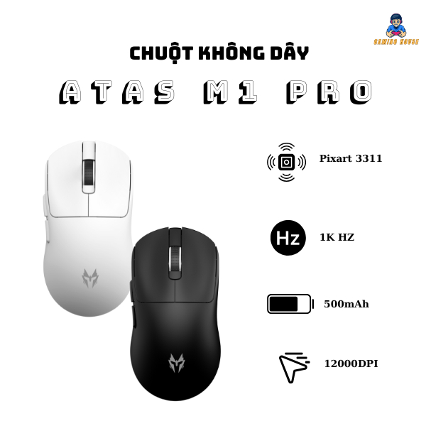 Chuột gaming không dây ATAS M1 PRO - 3 mode - PAW 3311 - Pin 500mAh - Có app - DPI 12000
