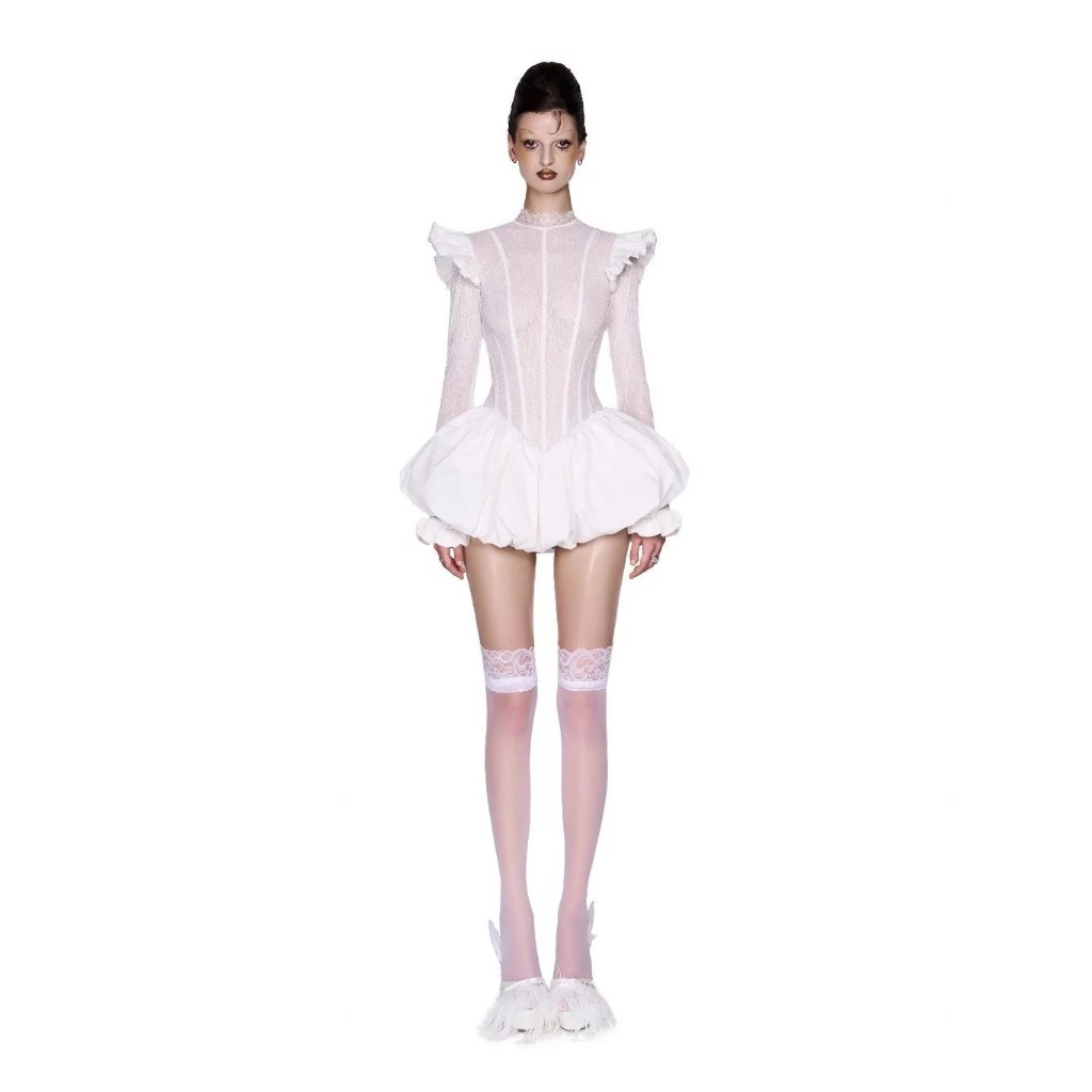 LSOUL Avenir Dress Đầm Bí Xuyên Thấu V24031605 Women Váy Khuy Màu Trắng Thời Trang Cao Cấp