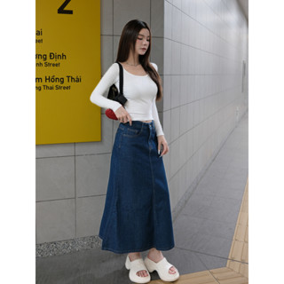   TiQi Jeans   Chân váy denim jean bò dáng dài chữ A lưng cao phong cách Hàn Quốc TiQi Jeans V1-255 