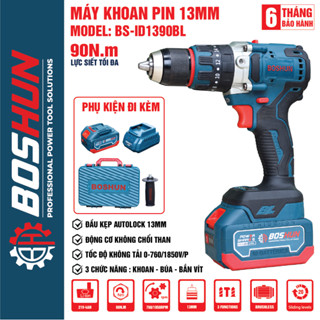 Khoan pin 3 chức năng Boshun BS-ID1390BL Không chổi than, đầu cặp 13mm có autolock ruột đồng 100%