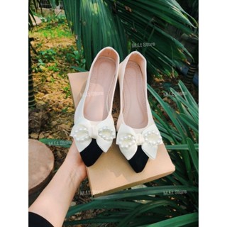  Giày búp bê nữ phối Nơ Be Ngọc da mềm gót 2p   Phom 1.5 chân gày giảm 1 size   