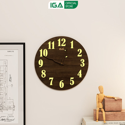 Đồng hồ treo tường bằng gỗ mặt số dạ quang phát sáng ban đêm thuơng hiệu IGA- GP381