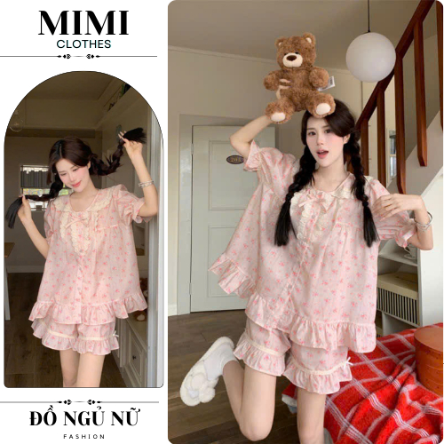 Đồ ngủ nữ, bộ pijama cộc tay mặc nhà họa tiết hoa cổ phối ren siêu xinh MIMI CLOTHES hcom25273