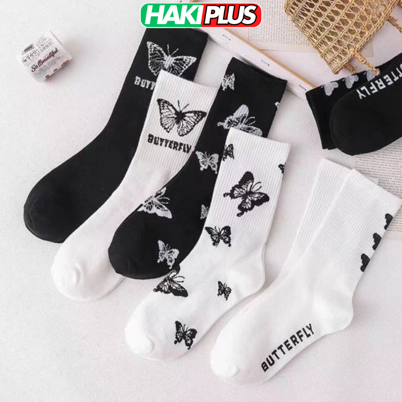 HAKIPLUS Tất cổ cao nữ, vớ cổ cao Unisex màu trắng đen vải cotton co giãn hình bướm Butterfly TC58