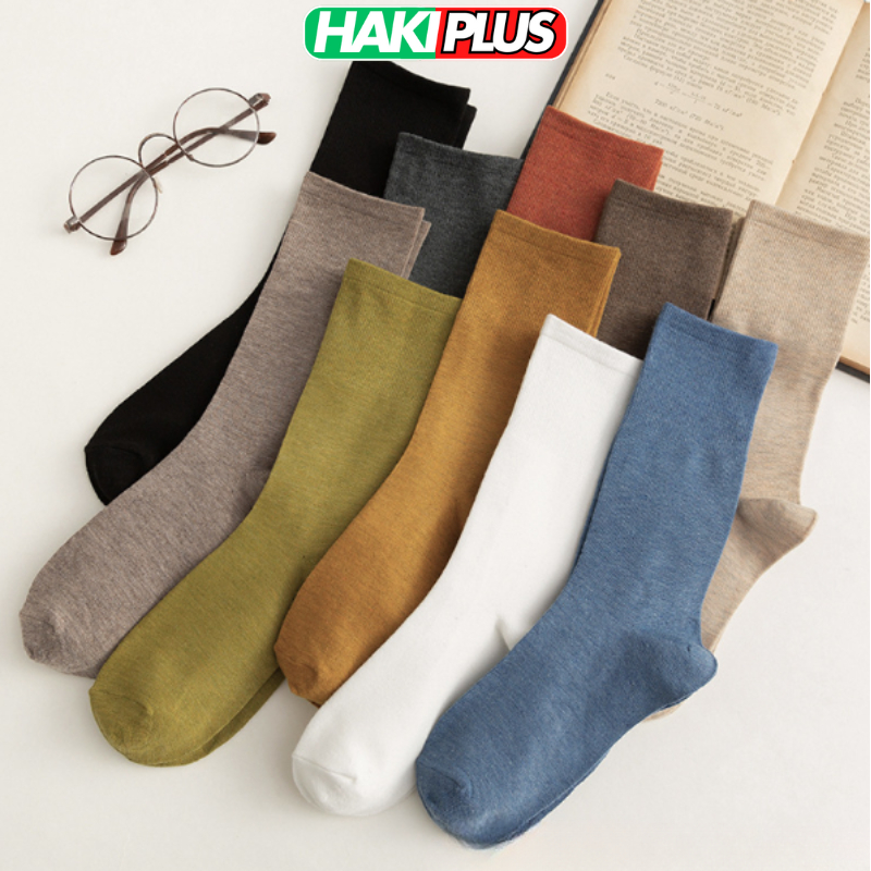 HAKIPLUS Tất cổ cao nữ, vớ cổ cao nam nữ vải cotton co giãn hoạ tiết màu trơn thời trang Hàn Quốc TC60