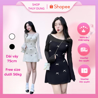  Váy dáng ngắn đính nơ,Đầm nữ xòe gắn nơ váy ngang gối dáng xòe tay loe đính nơ xinh xắn sang chảnh phong cách coquette 