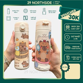 29NS- Ly giữ nhiệt Capybara Chất Liệu Inox 304 Cao Cấp 420ML, Bình Giữ Nhiệt ShinChan Có Nắp Bật