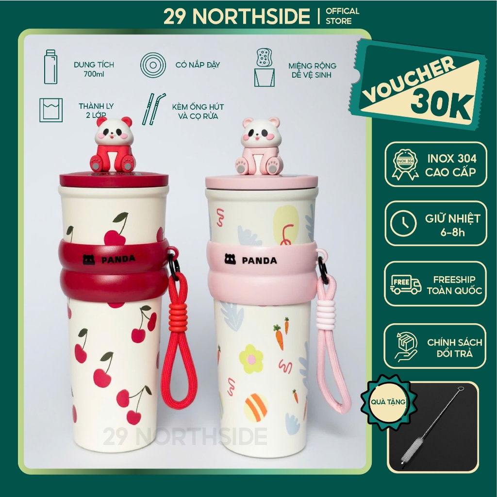 29NS-Ly giữ nhiệt Panda 700ml, Inox 316 cao cấp có quai sách tiện lợi, kèm charm Panda dễ thương
