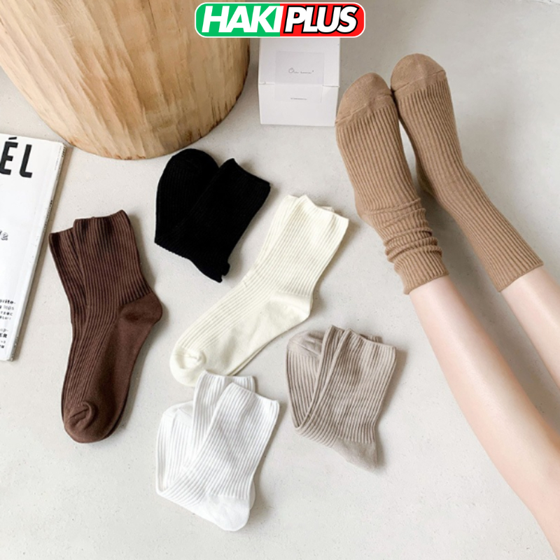 HAKIPLUS Tất cổ cao vớ cổ cao nữ nam màu trơn len tăm cổ nhún cao cấp thời trang Hàn Quốc TC65