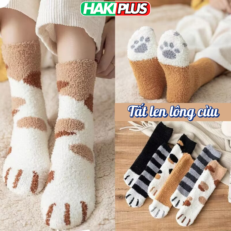 HAKIPLUS Tất cổ cao nữ, vớ cổ cao nữ len lông cừu họa tiết bàn chân thú cao cổ ấm áp TC80