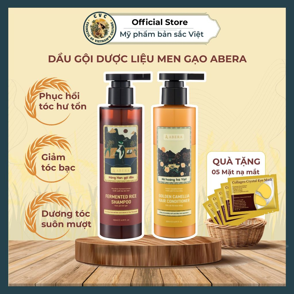 Combo dầu gội men gạo & dầu xả trà hoa vàng Abera–Giảm gãy rụng, phục hồi hư tổn, giúp tóc chắc khỏe