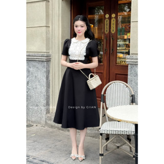 Váy A dáng dài Giian thiết kế tay bồng phối họa tiết ren ngực đính ngọc cách điệu vải trượt Hàn cao cấp VA1561