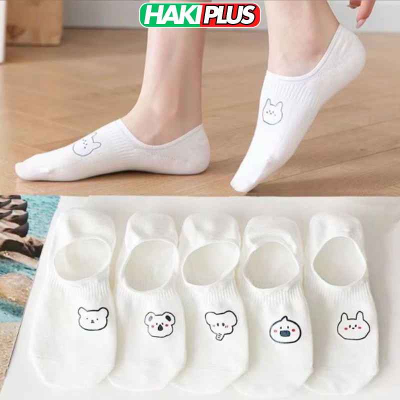 HAKIPLUS Tất cổ ngắn, vớ tất lười nửa bàn chân nữ màu trắng họa tiết hình thú dễ thương thời trang Hàn Quốc TC108