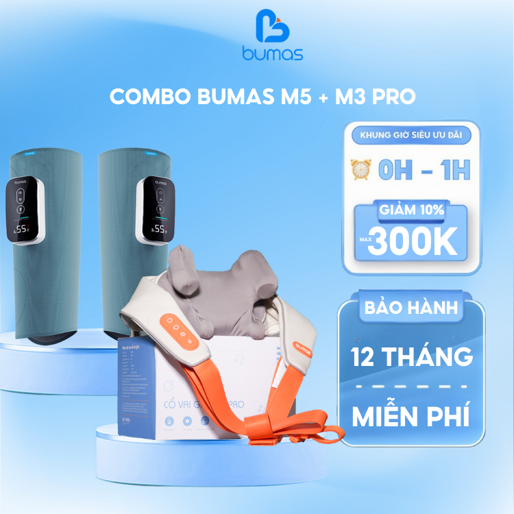 Combo Máy Massage Cổ Vai Gáy BUMAS M3 Pro Và Máy Mát Xa Chân BUMAS M5 Chườm Ấm Kết Hợp Massage