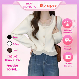  Áo khoác ngoài nữ thun kiểu nữ tay dài cổ vuông phối bèo và đính nút ngọc phong cách dễ thương vải thun gân Ruby -A254 