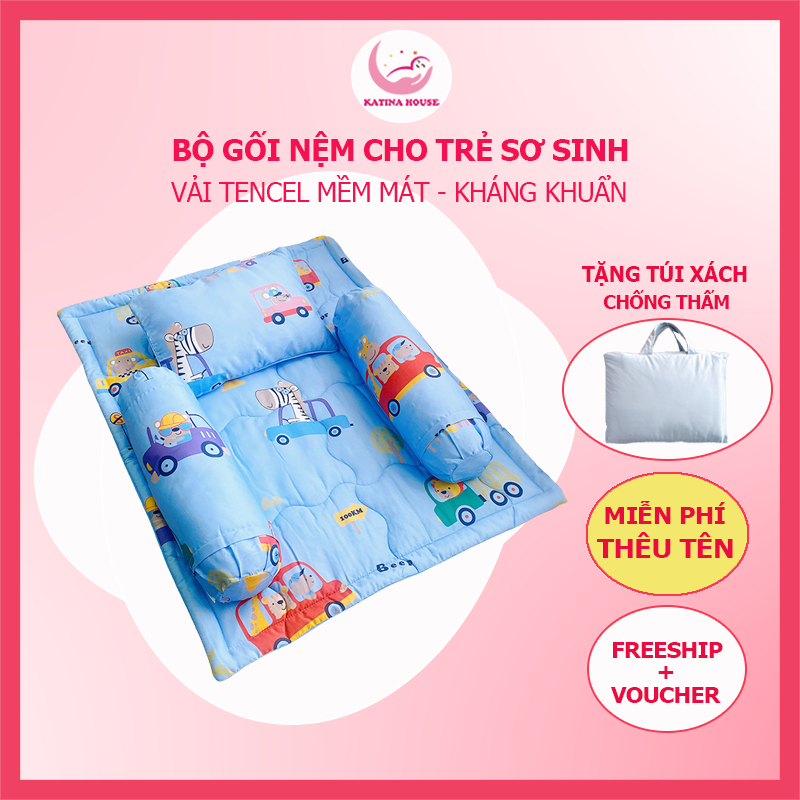 Bộ gối nệm trẻ sơ sinh Katina House, vải Tencel mềm mịn, mát, nệm chống thấm