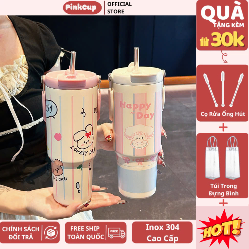 Ly Giữ Nhiệt Chubby Có Ống Hút, Bình Nước Giữ Nhiệt Nóng Lạnh 8-12H PINKCUPS 900ml Không Đổ Mồ Hôi Inox 316 - PC57