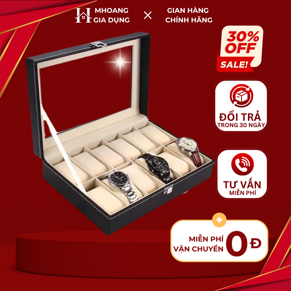 Hộp đựng đồng hồ 12 ngăn bọc da PU có mặt kính trong suốt nhập khẩu cao cấp [Loại Da Xịn]