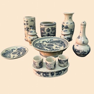 Bộ đồ thờ thần tài/ thổ công (10 món) men rạn trơn - đầy đủ phụ kiện