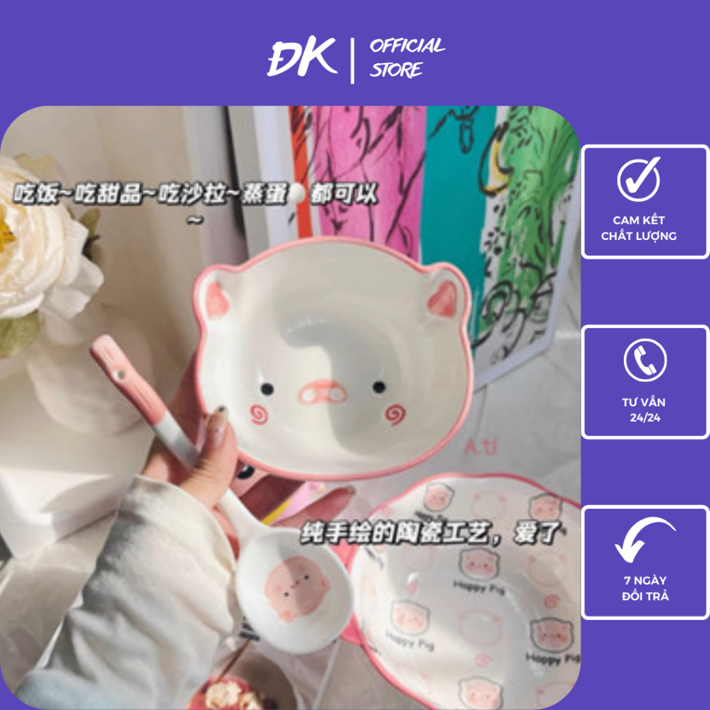 Bát Sứ, Sét Bát Sứ Kèm Thìa Hình Heo Cute Gia Dụng ĐK