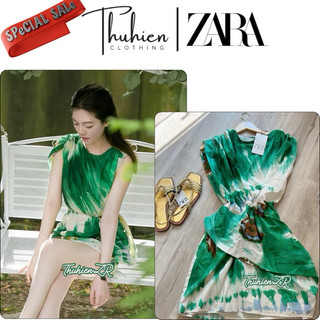 THUHIENZR(sẵn XS) Váy mini ZARA 2958/307/500 vải linen phối màu xanh lá sát nách (kèm ảnh thật)