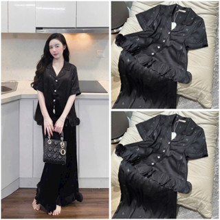  Bộ ngủ mặc nhà pijama tiểu thư  lụa lyly Quảng Châu cao cấp đen cánh hoa ở gấu tay ngắn 