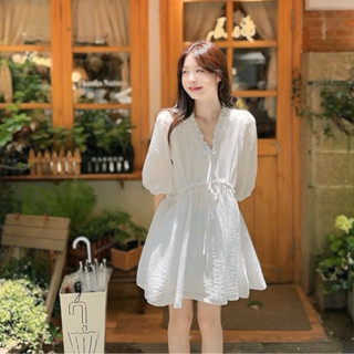  Váy babydoll nữ cổ bèo dáng ngắn vải tơ nhăn phong cách tiểu thư GheStudio V83 
