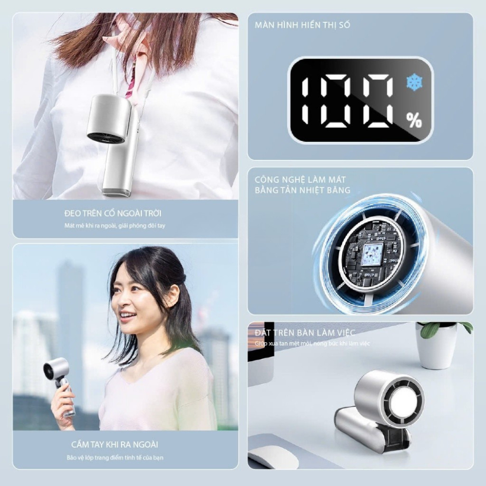 Quạt Cầm Tay Mini Dung Lượng 5000mAH Làm Mát Sò Lạnh 100 Tốc Độ Gió Gấp Gọn Tặng Kèm Dây Đeo | BigBuy360 - bigbuy360.vn