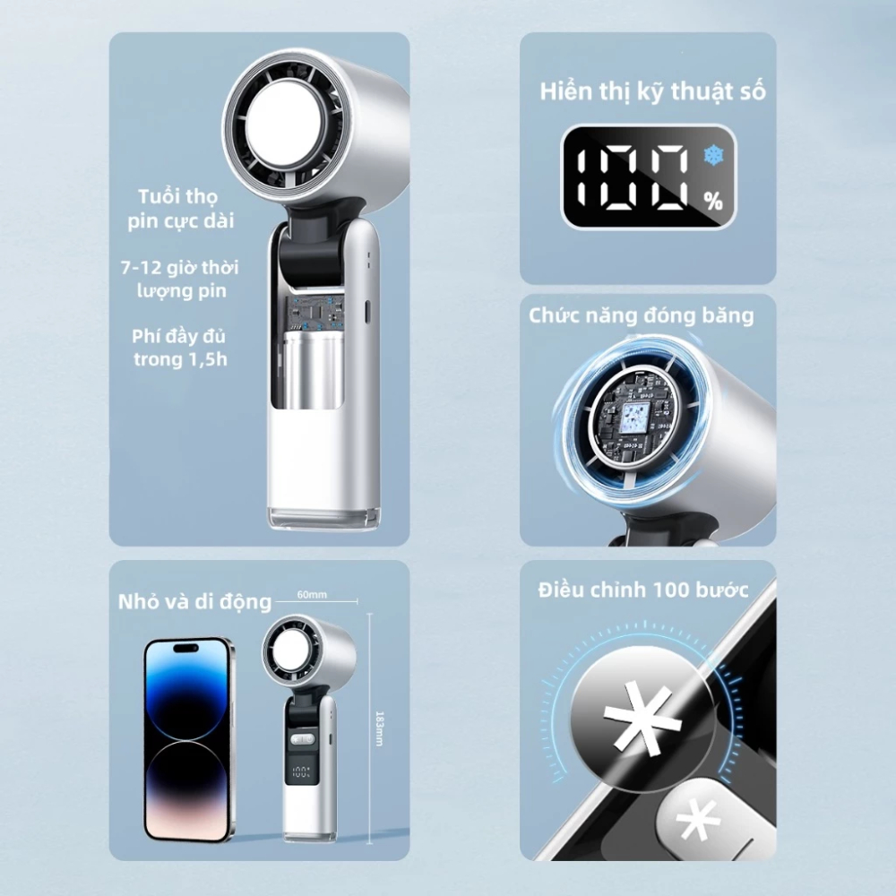 Quạt Cầm Tay Mini Dung Lượng 5000mAH Làm Mát Sò Lạnh 100 Tốc Độ Gió Gấp Gọn Tặng Kèm Dây Đeo | BigBuy360 - bigbuy360.vn