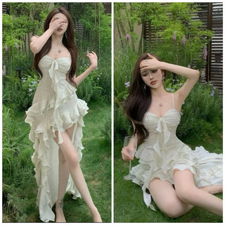 Đầm xòe 2 dây lụa hoa phối bèo phong cách retro
